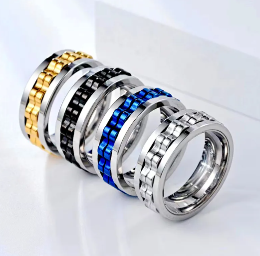 Anillo Fidget Giratorio de Acero Inoxidable para Hombre — Antiestrés